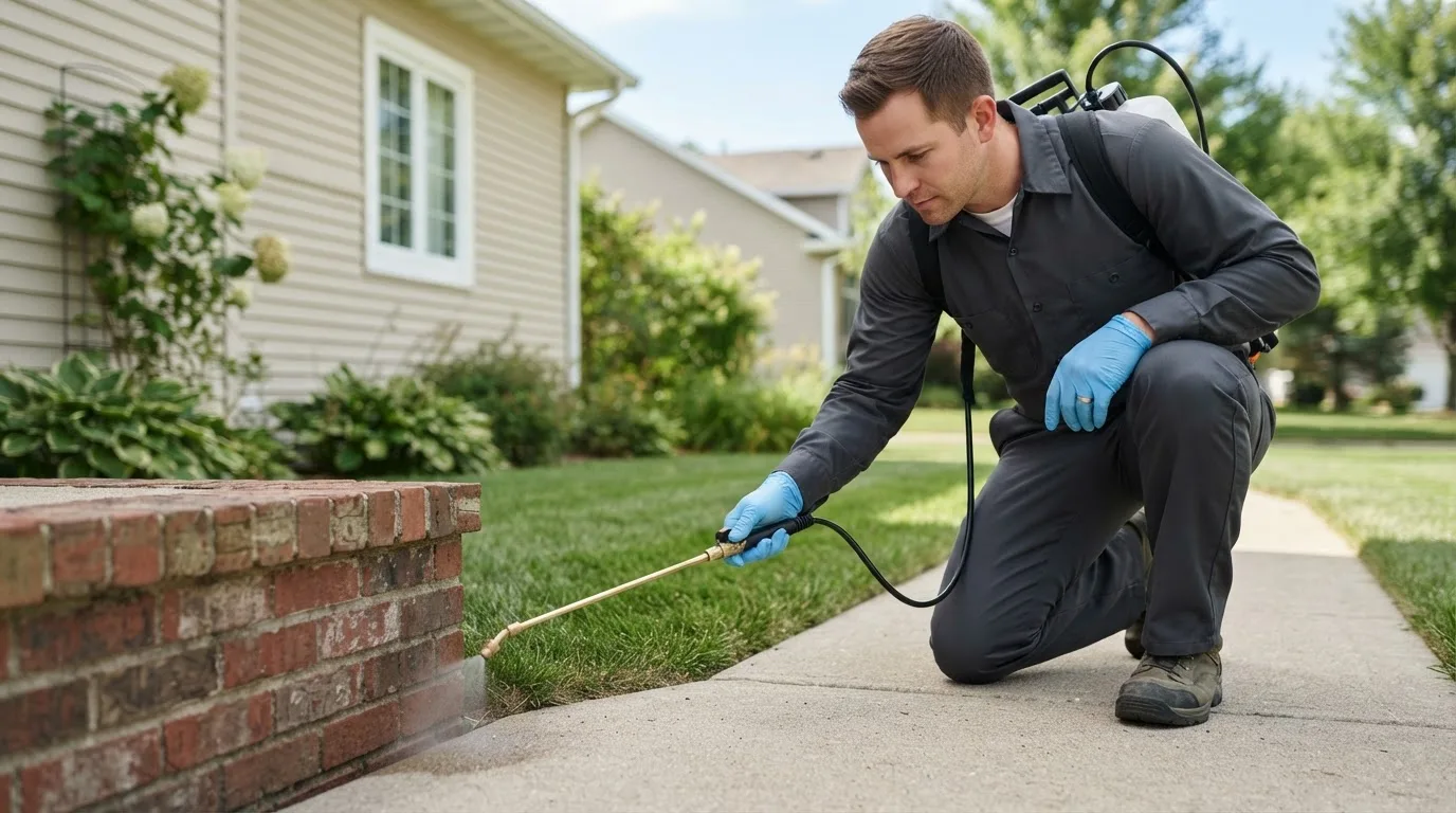 Pest control technician treating a home near Albany, IN